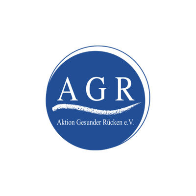 AGR (Aktion Gesunder R&uuml;cken e.V.) rond blauw logo met witte &ldquo;AGR&rdquo;-letters en de organisatienaam &ldquo;Aktion Gesunder R&uuml;cken e.V.&rdquo; weergegeven onder een gebogen onderstreping.